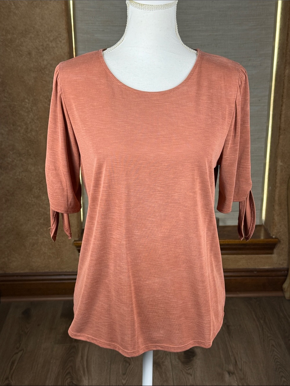 Green Envelope Terracotta Rust Crew Neck Top 3/4 Sleeves
